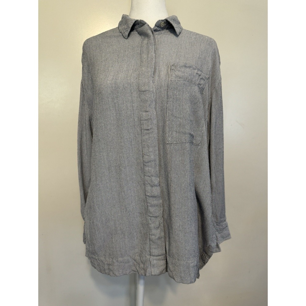 BDG White Black Pinstripe Button Up Side Slits Oversized Shirt Women's XS Rayon
